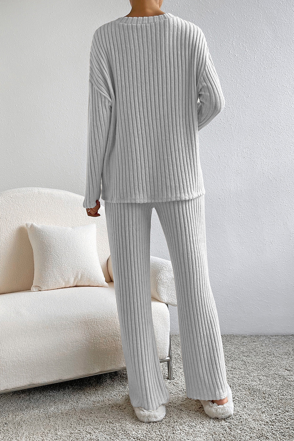 Ribbed V-Neck Top and Pants Lounge Set - felvior