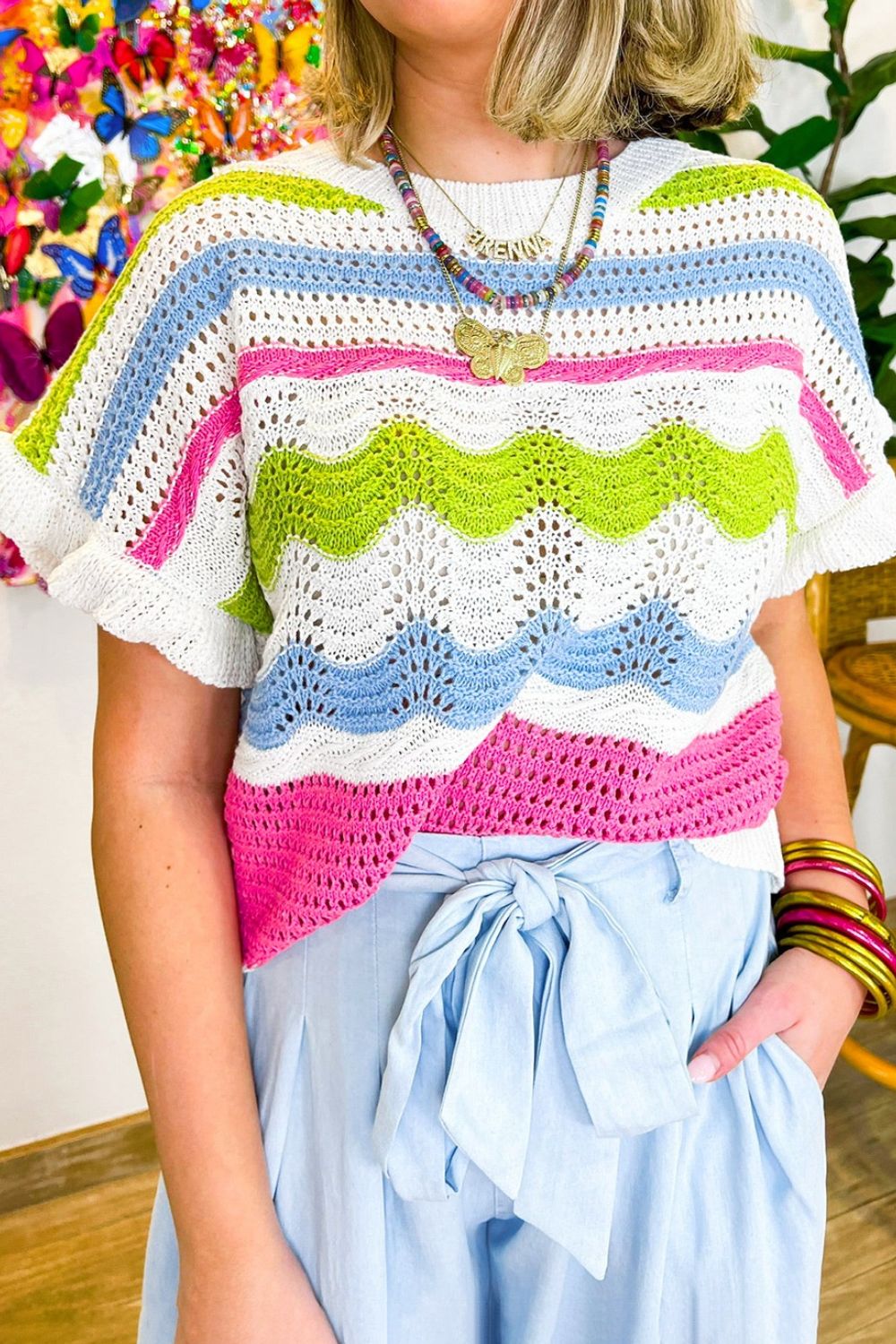 Color Block Crochet Ruffled Short Sleeve Knit Top - felvior