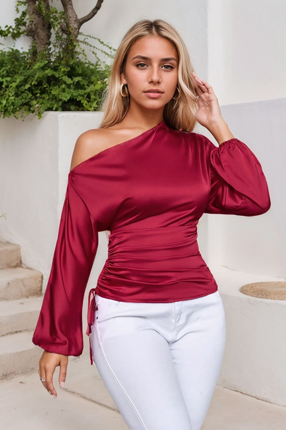Drawstring One Shoulder Long Sleeve Blouse - felvior