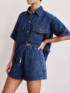 Button Up Short Sleeve Top and Shorts Denim Set