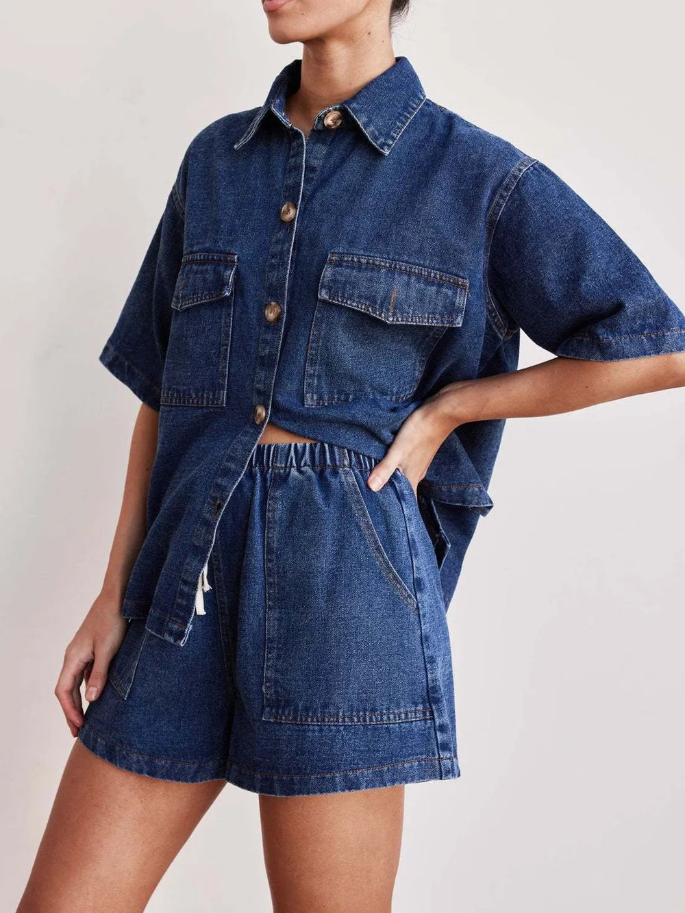Button Up Short Sleeve Top and Shorts Denim Set