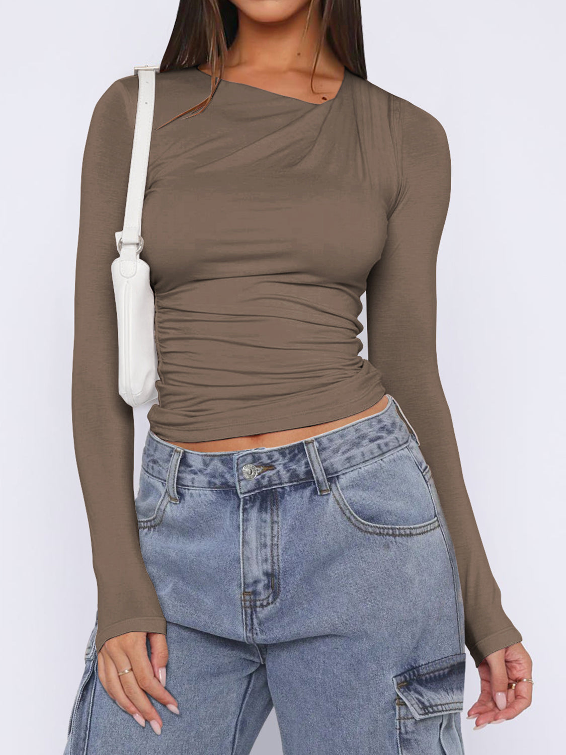 Ruched Asymmetrical Neck Long Sleeve T-Shirt - felvior