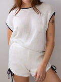 Contrast Trim Round Neck Top and Shorts Sweater Set - felvior