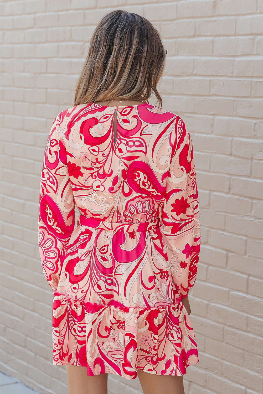 Printed Round Neck Frill Trim Dress - felvior