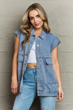 Collared Neck Sleeveless Denim Top with Pockets - felvior