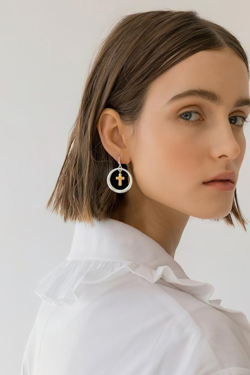 Brass Contrast Cross Dangle Earrings - felvior