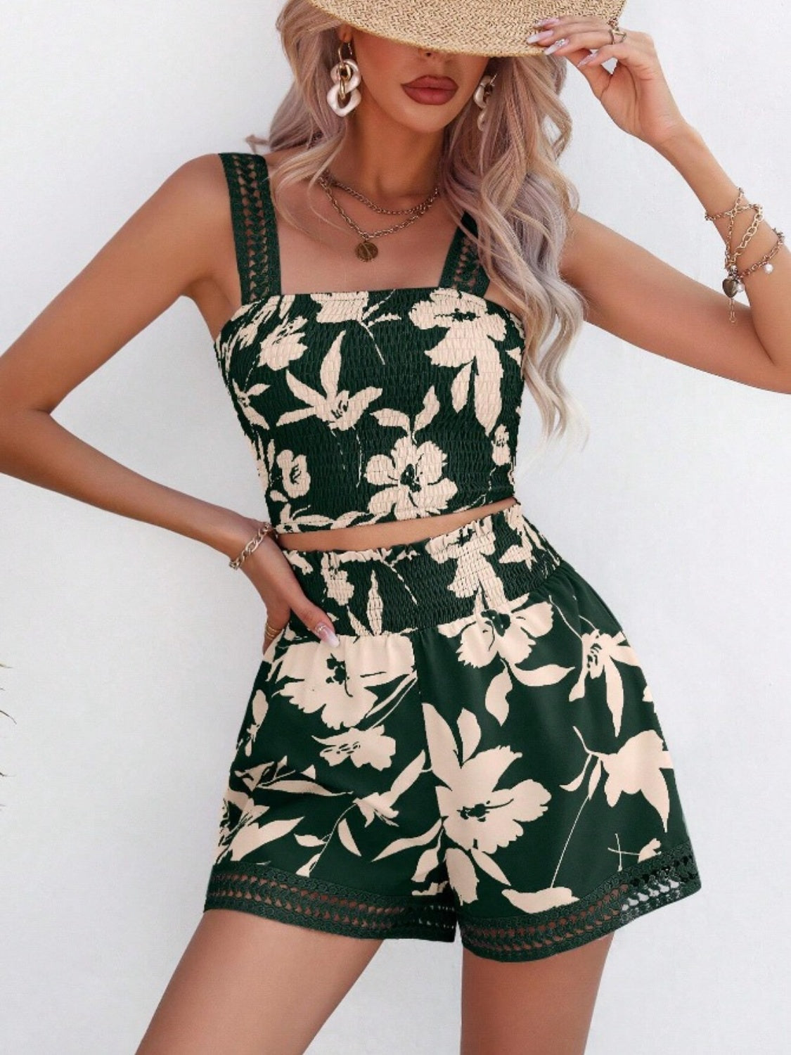 Smocked Printed Square Neck Top and Shorts Set - felvior