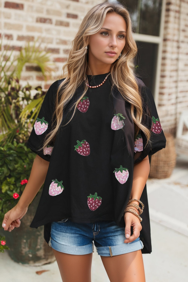 Sequin Strawberry High Low Half Sleeve Relaxed Fit T-Shirt