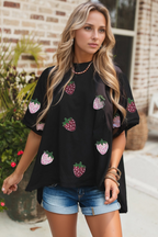 Sequin Strawberry High Low Half Sleeve Relaxed Fit T-Shirt