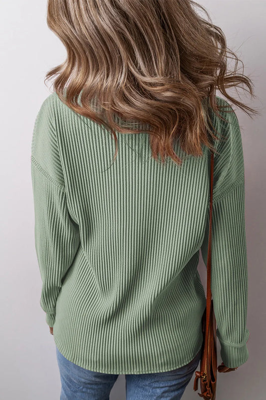 Plus Size Pocketed Ribbed Round Neck Long Sleeve Top - felvior