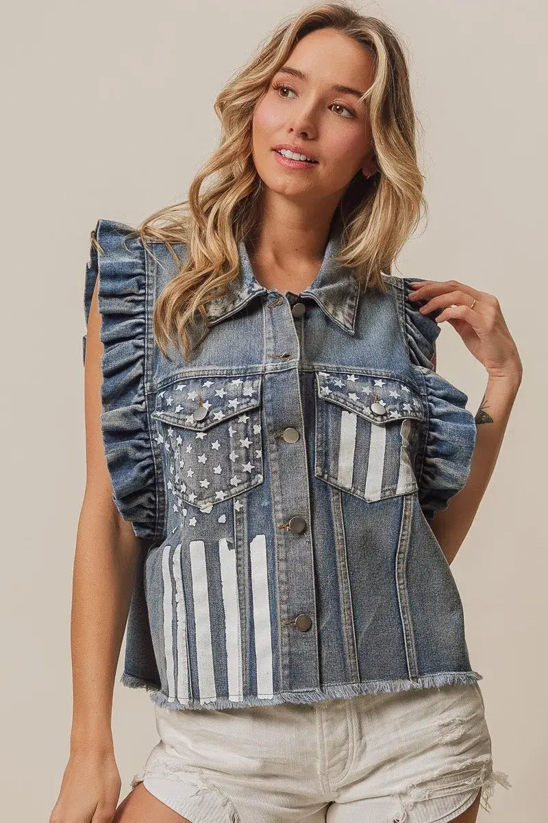 BiBi American Flag Washed Denim Jacket