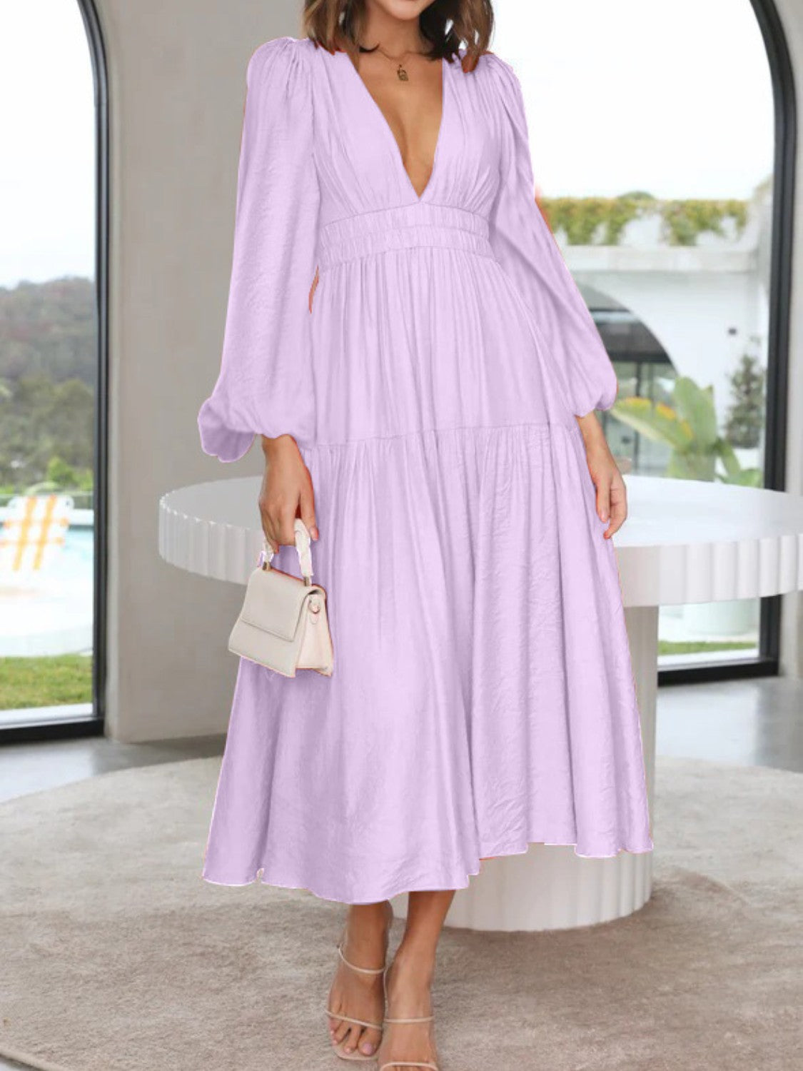Deep V-Neck Balloon Sleeve Plain Maxi Dress - felvior