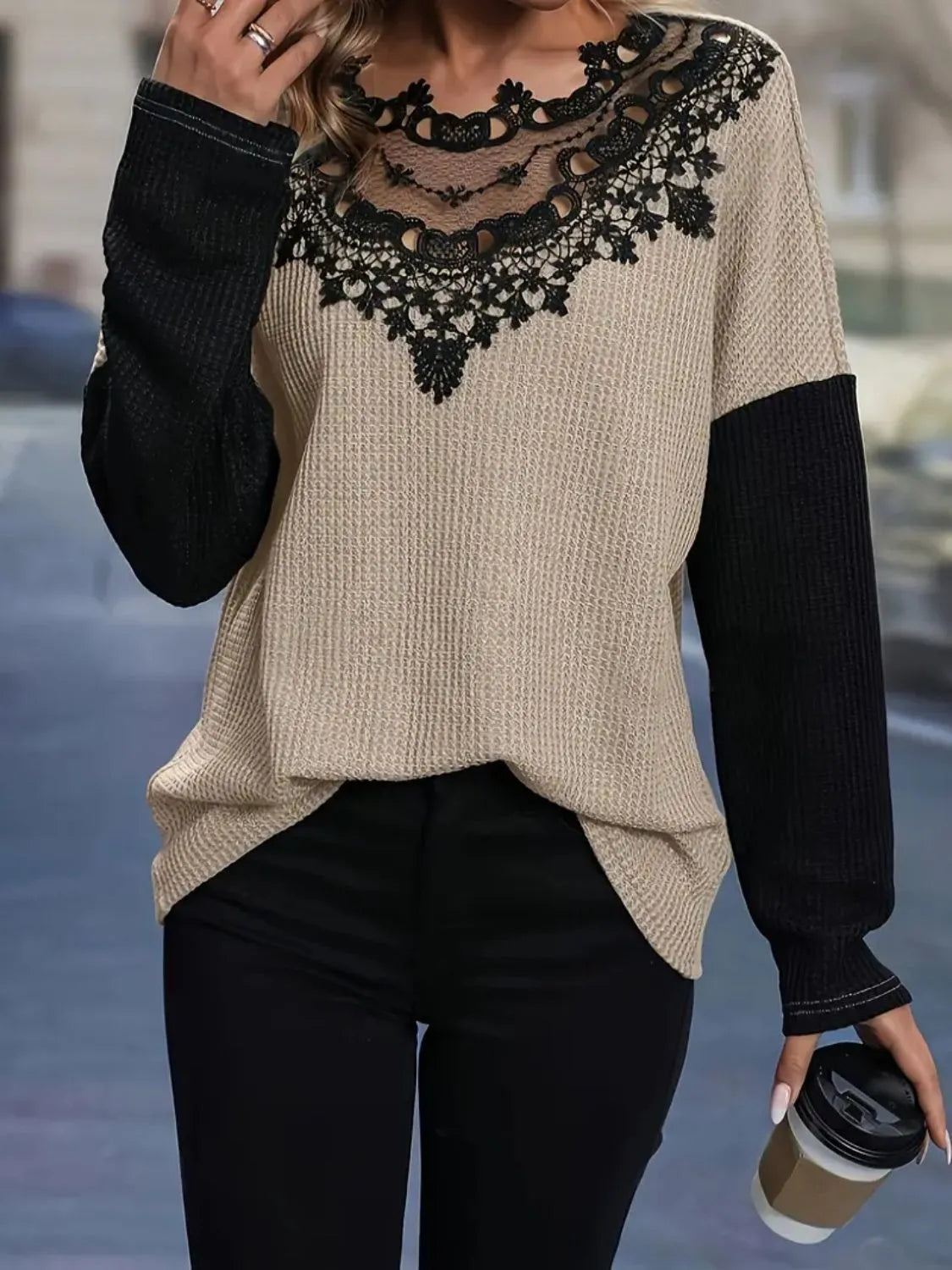 Contrast Lace Round Neck Long Sleeve T-Shirt