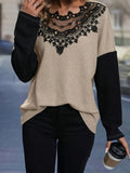 Contrast Lace Round Neck Long Sleeve T-Shirt