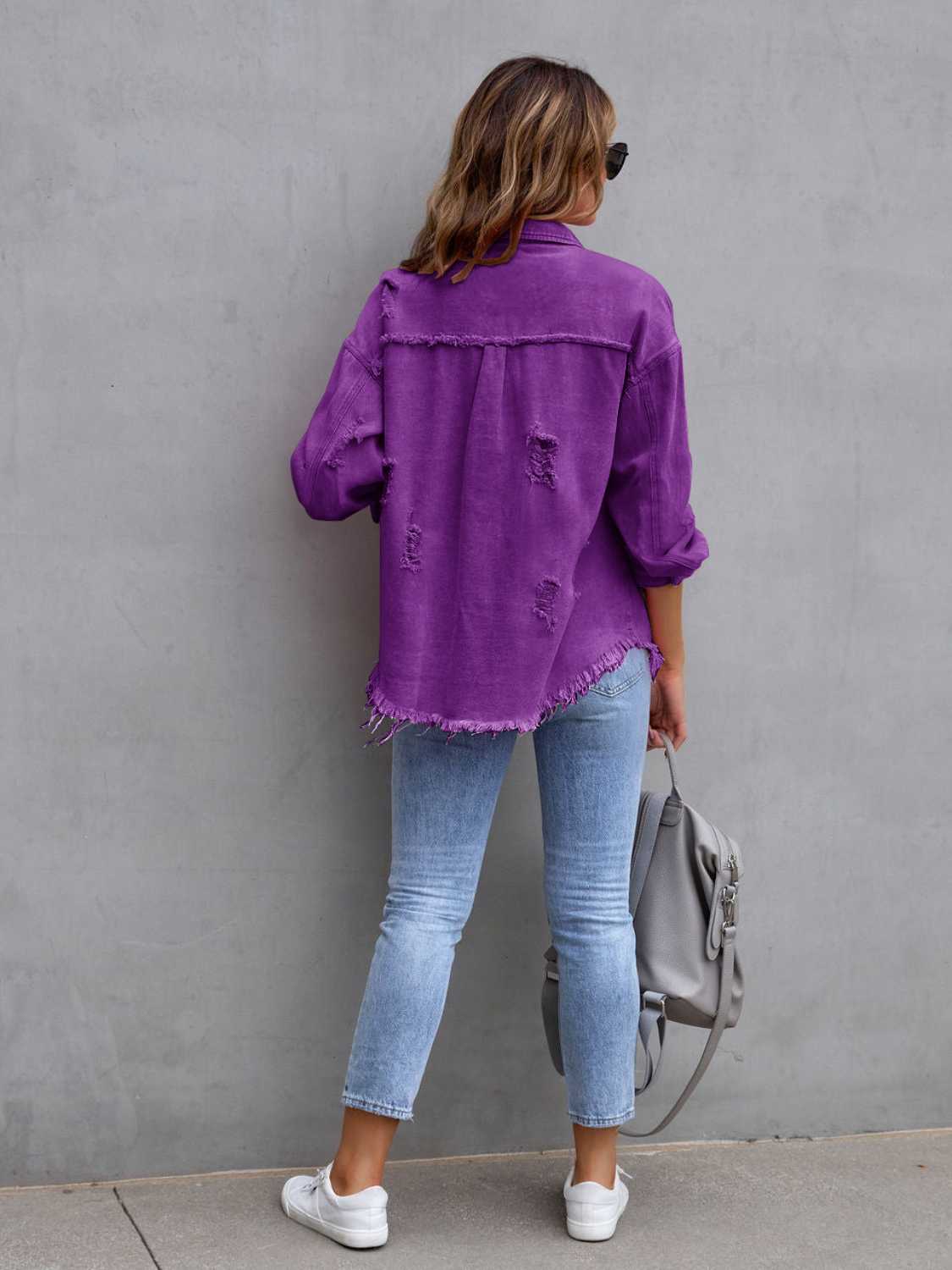 Distressed Drop Shoulder Denim Jacket - felvior
