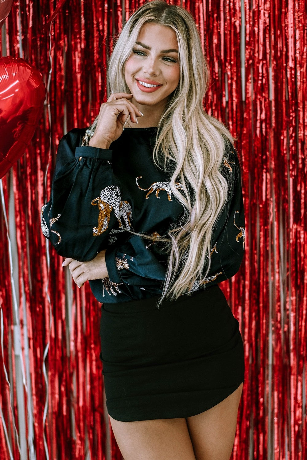 Animal Pattern Round Neck Long Sleeve Blouse - felvior