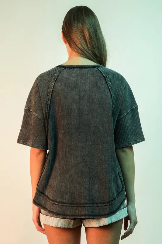 VERY J Mineral Washed Ribbed Knit Casual Top