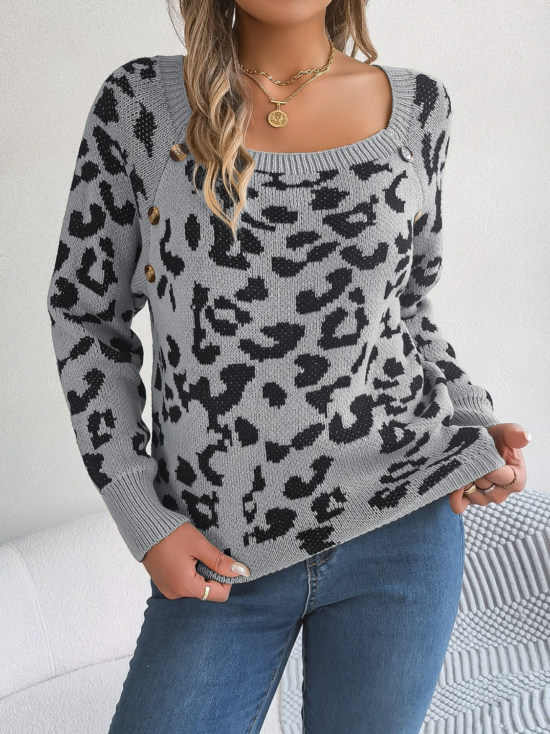 Leopard Buttoned Square Neck Sweater - felvior