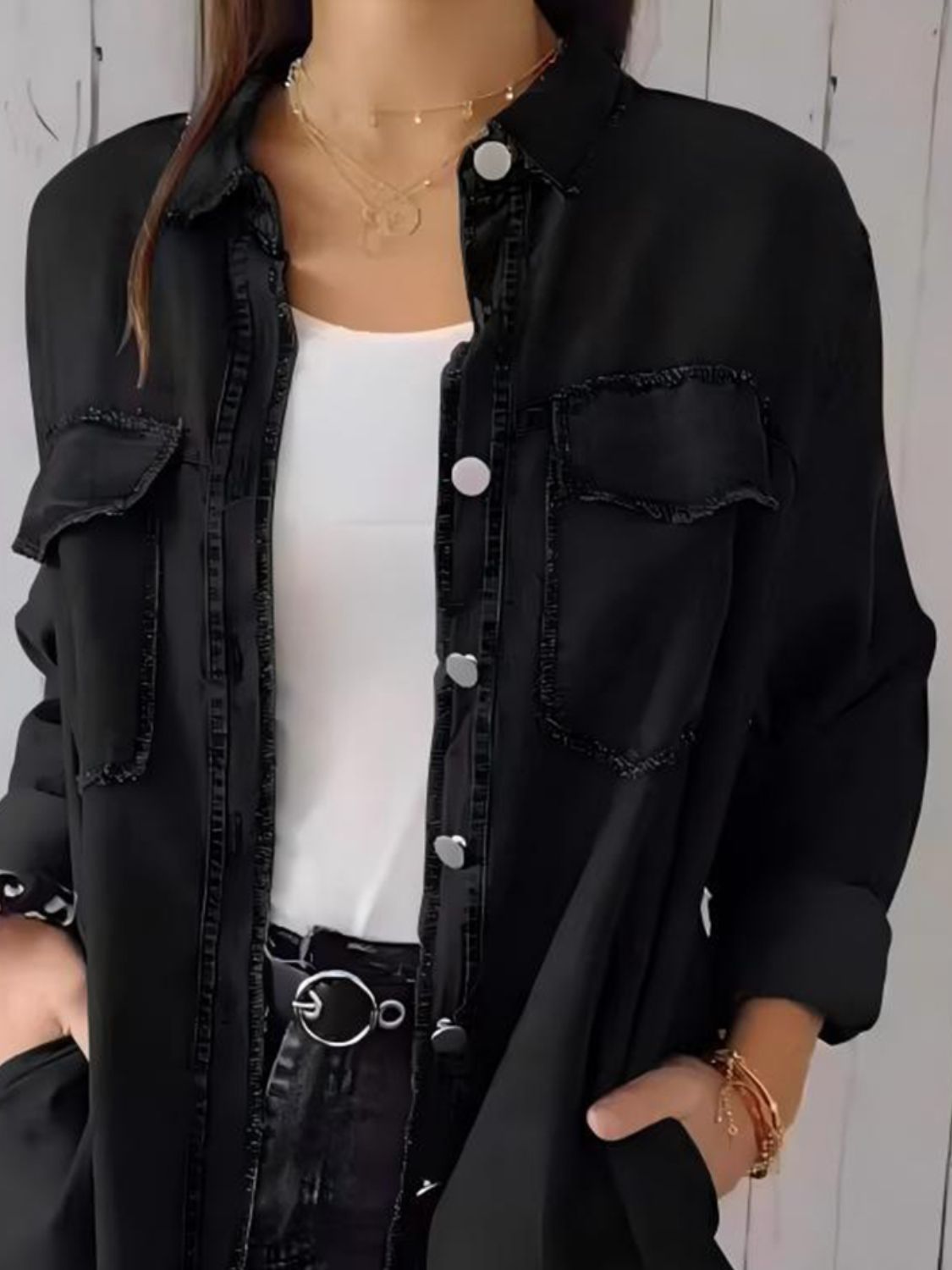 Full Size Raw Hem Button Up Long Sleeve Denim Top Plus Size - felvior