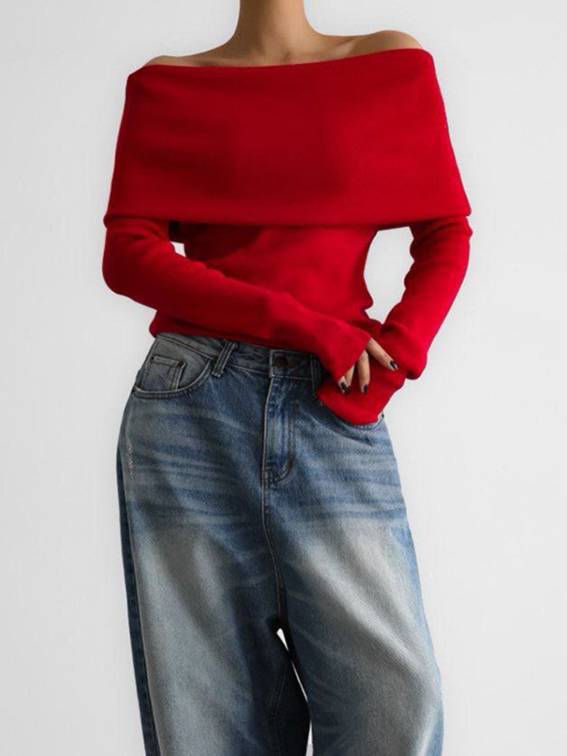 Off-Shoulder Long Sleeve Knit Top - felvior