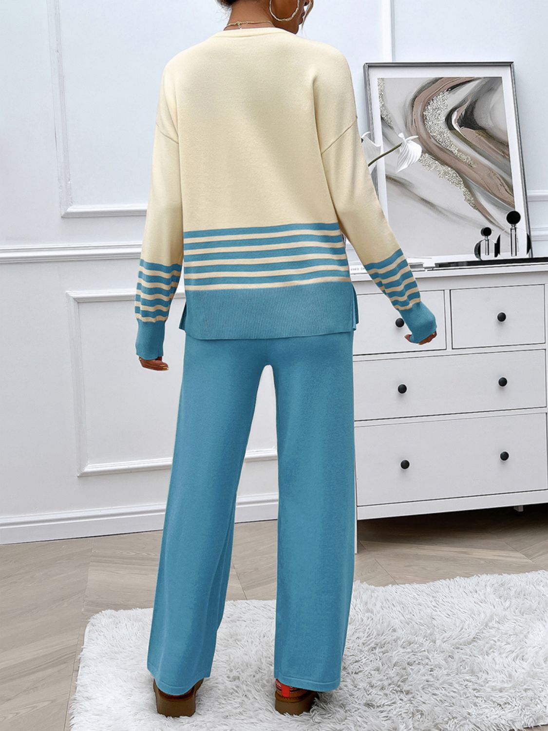 Devine Slit Striped Round Neck Top and Pants Sweater Set - felvior
