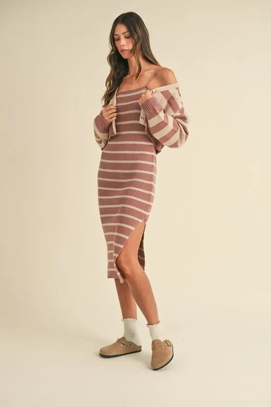 MABLE Stripe Crop Cardigan and Bodycon Dress Sweater Set - felvior
