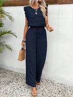 Lace Trim Round Neck Top and Pants Set