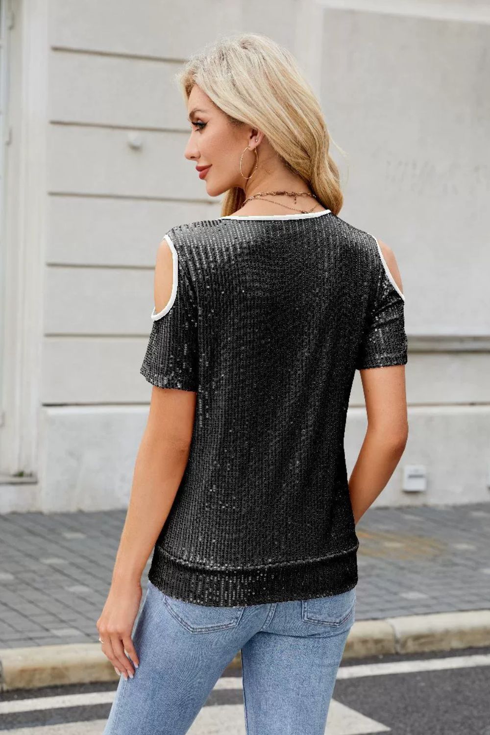 Sequin Crisscross V-Neck Cold Shoulder Blouse