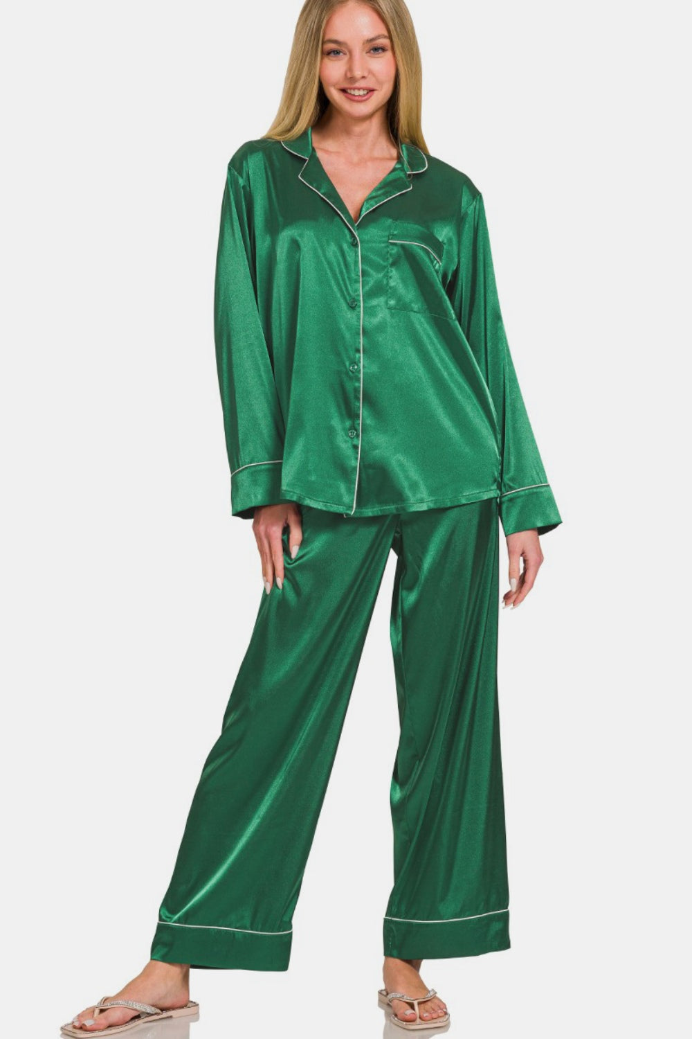 Zenana Satin Long Sleeve Shirt and Pants Pajama Set - felvior