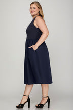 She + Sky Full Size Sleeveless Poplin Woven Midi Dress with Pockets Plus Size