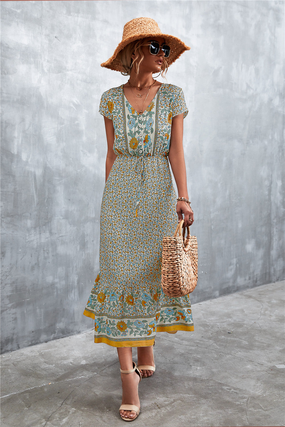 V-Neck Short Sleeve Printed Maxi Dress - felvior