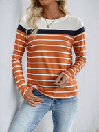 Perfee Contrast Striped Round Neck Long Sleeve T-Shirt