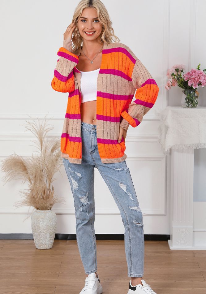 Contrast Striped Drop Shoulder Open Front Cardigan - felvior