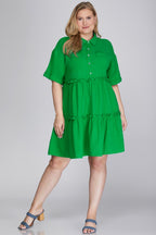 She + Sky Full Size Button Front Frill Tiered Mini Dress Plus Size