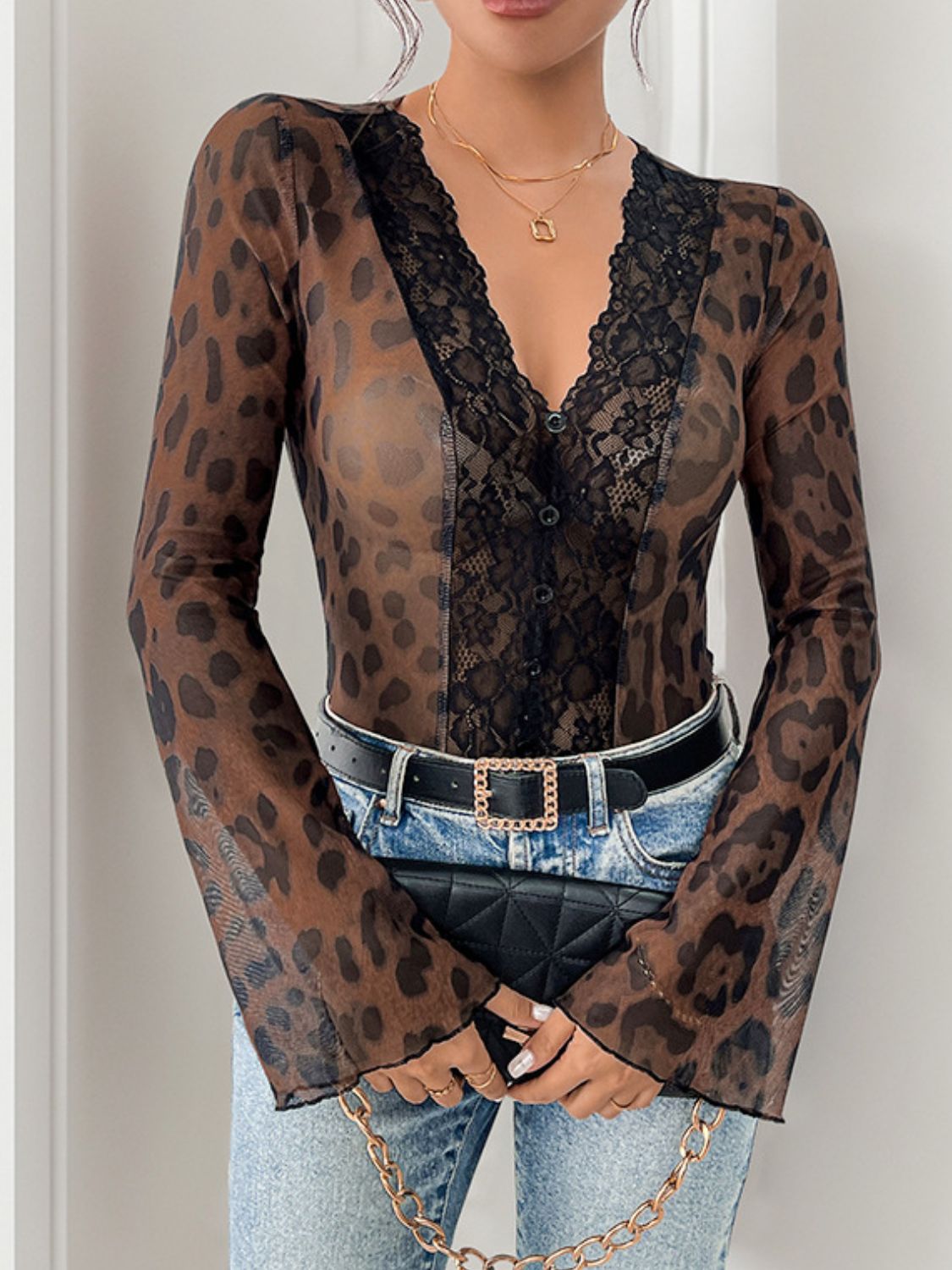 Perfee Leopard V-Neck Lace Bodysuit Main image