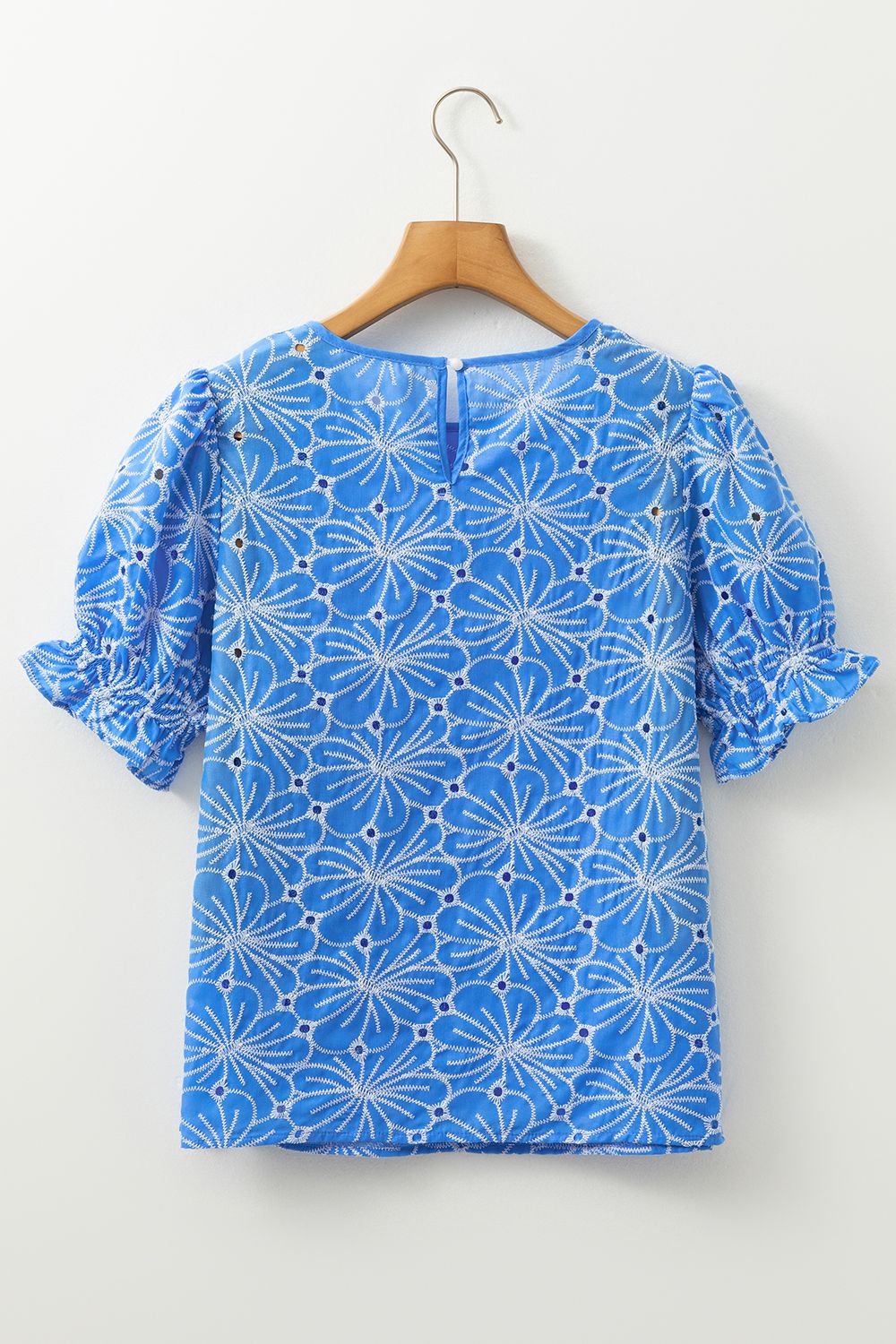 Eyelet Flower Embroidery Flounce Sleeve Blouse - felvior