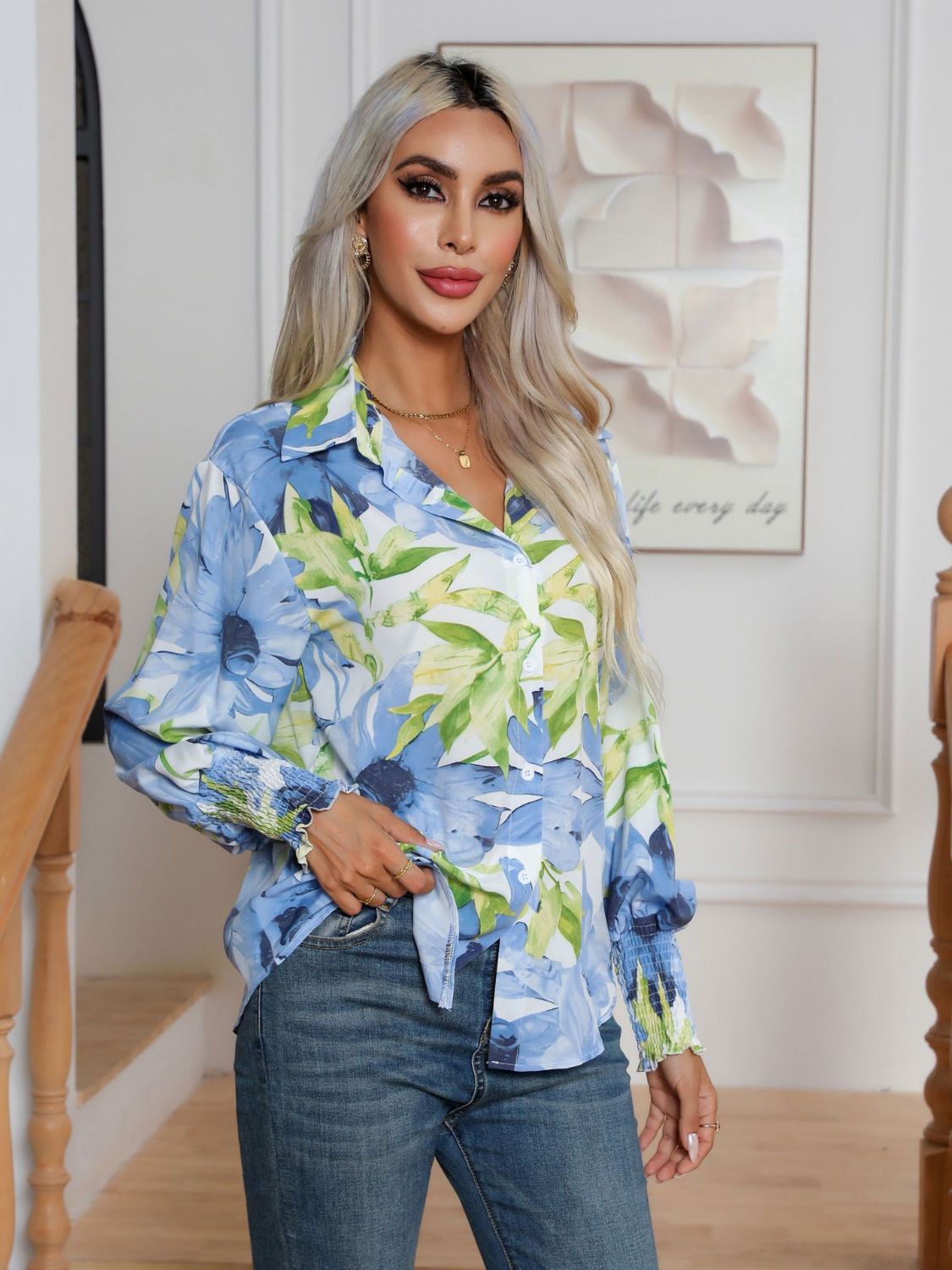 Button Down Printed Long Sleeve Shirt - felvior