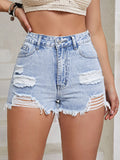 Distressed Raw Hem High Waist Denim Shorts - felvior