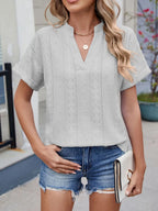Eyelet Notched Short Sleeve Top