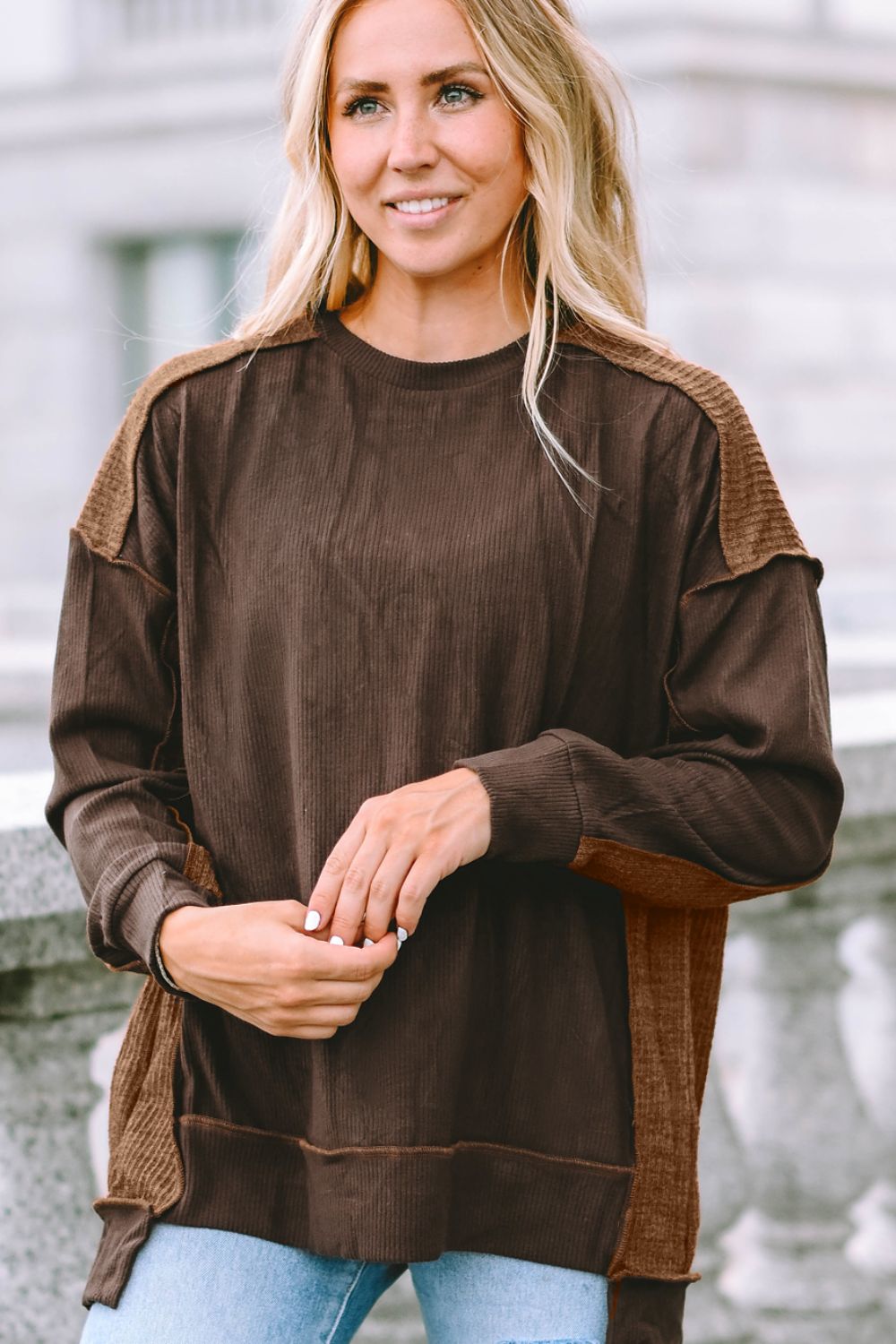 Ribbed Exposed Seam Dropped Shoulder Blouse - felvior