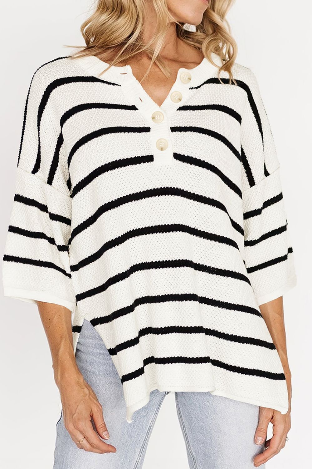Stripe Drop Shoulder Side Slit Knit Top - felvior