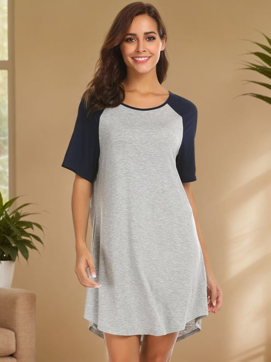 Round Neck Short Sleeve Contrast Lounge Dress - felvior