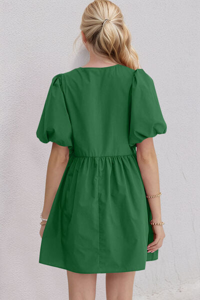 Oh Bow Ruched Puff Sleeve Mini Dress - felvior