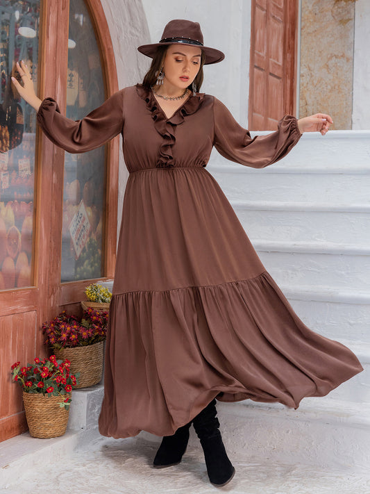 Plus Size V-Neck Ruffle Trim Maxi Dress - felvior