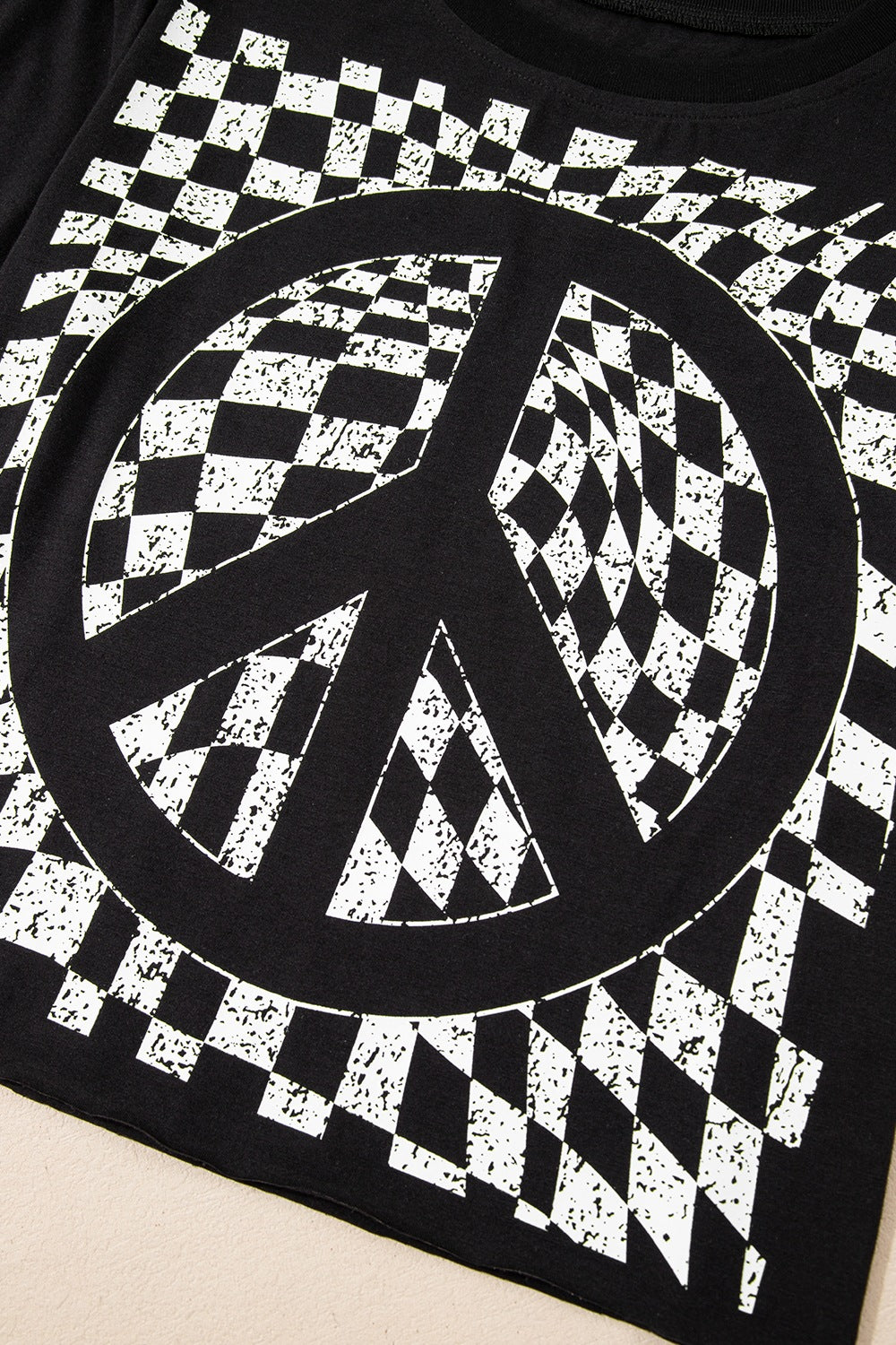 Checkered Peace Sign Round Neck T-Shirt