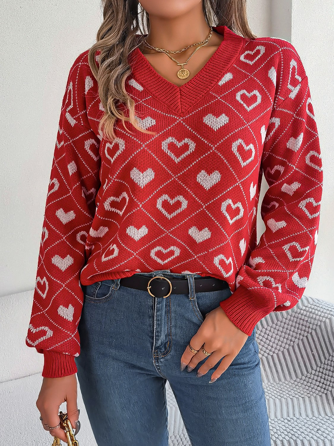 Heart Pattern V-Neck Long Sleeve Sweater - felvior
