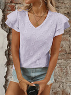 Eyelet V-Neck Ruffled Cap Sleeve Top