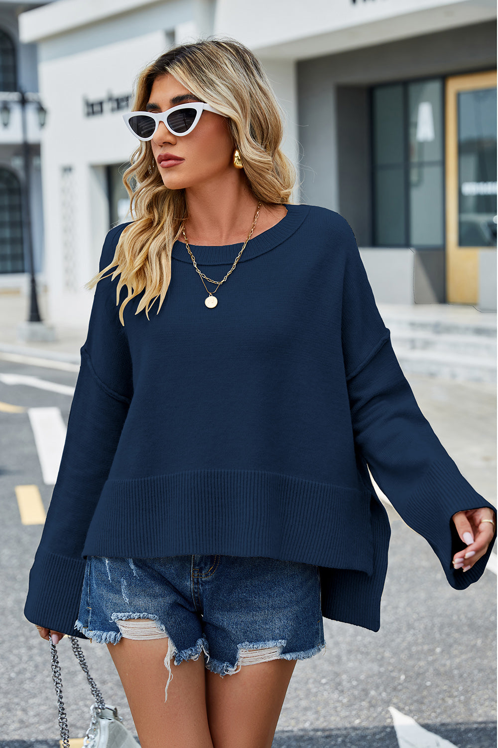 High-Low Slit Round Neck Long Sleeve Sweater - felvior
