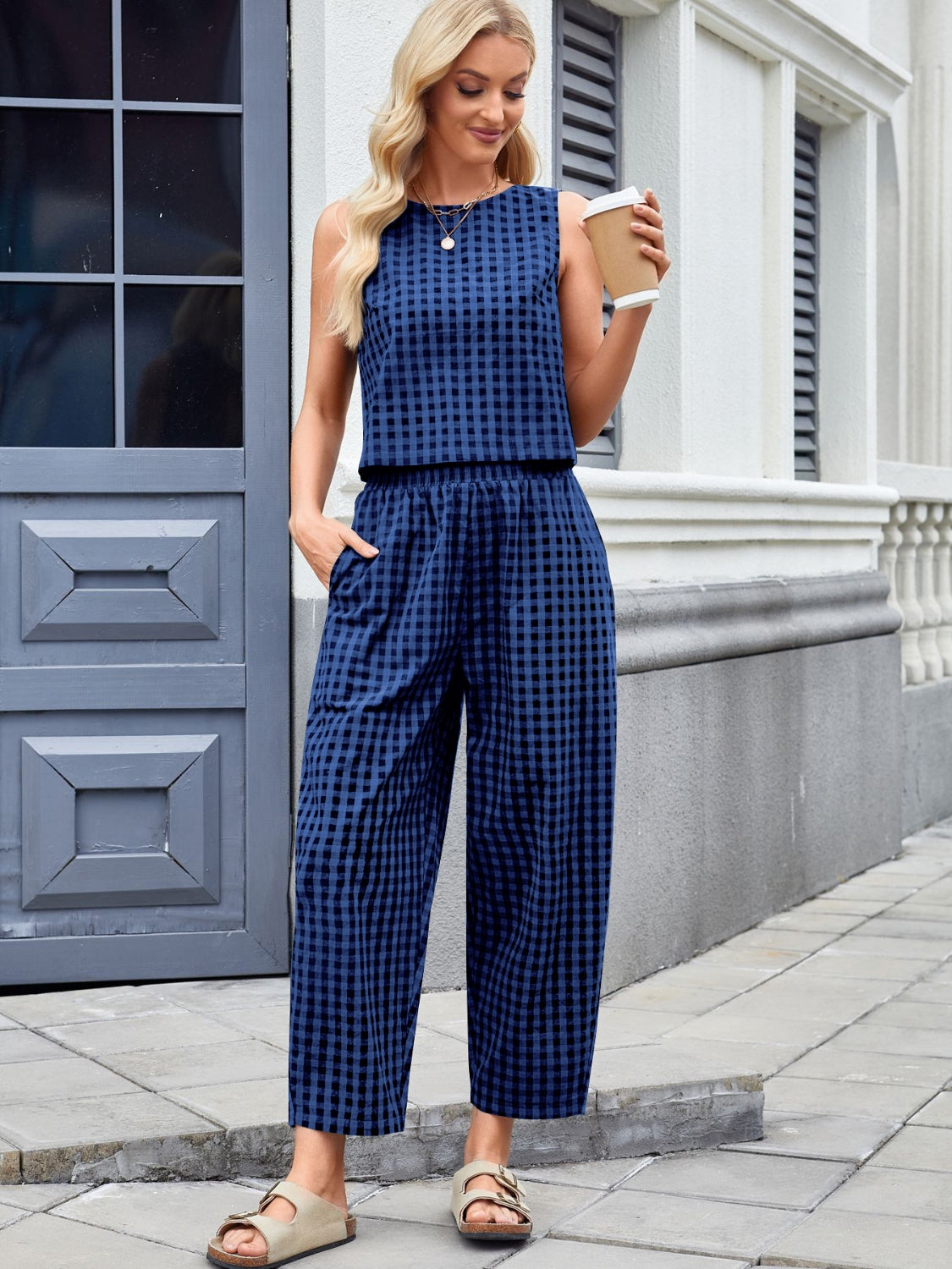 Plaid Sleeveless Top and Pants Set Main image