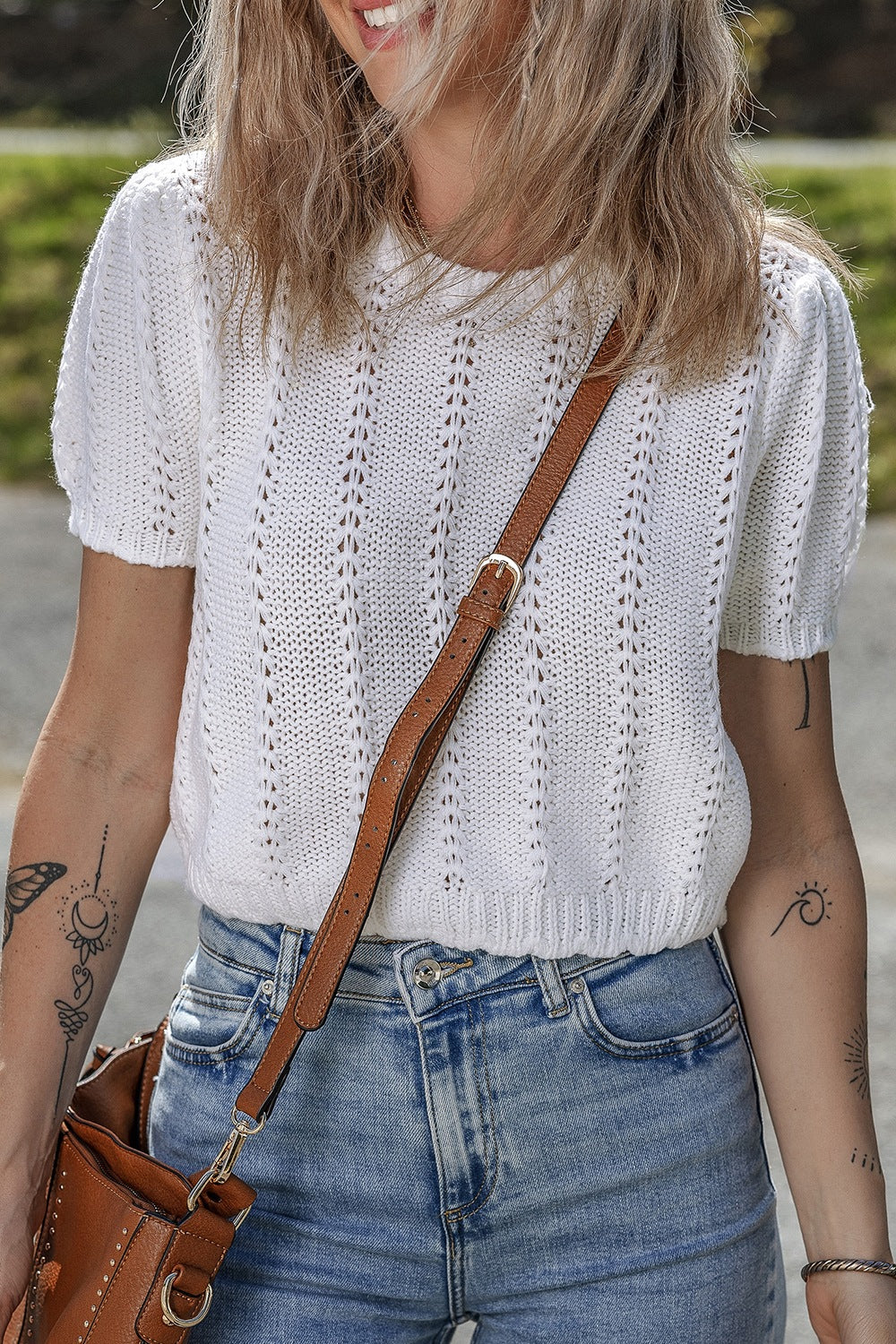 Openwork Round Neck Short Sleeve Knit Top - felvior